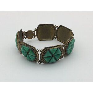 Czechoslovakian Art Deco VTG/Antique Panel Link Bracelet Green Stones Box Clasp